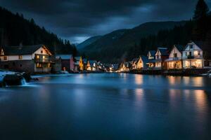 a river in the mountains at night with houses. AI-Generated photo