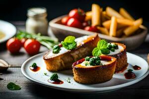 comida en un plato con papas fritas y Tomates. generado por ai foto