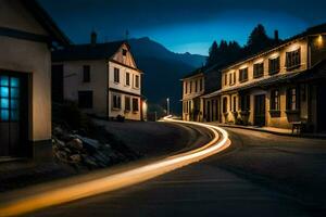 un largo exposición fotografía de un calle a noche. generado por ai foto