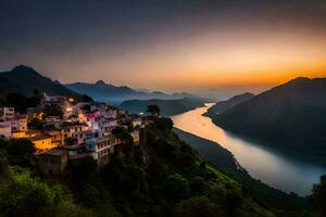 the village of person is perched on the edge of a cliff overlooking the river. AI-Generated photo