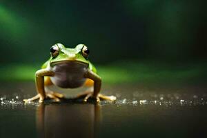 a frog sitting on the ground with a green background. AI-Generated photo