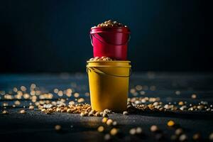 two buckets of peanuts on a dark background. AI-Generated photo