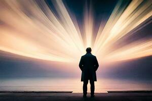 a man standing in front of a light beam. AI-Generated photo