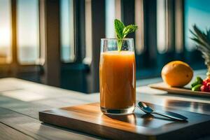 a glass of orange juice on a table with fruit and vegetables. AI-Generated photo