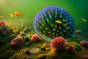 an underwater scene with colorful corals and fish. AI-Generated photo