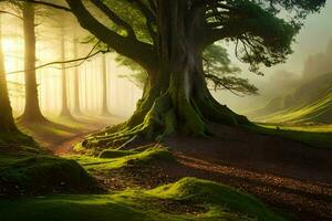 a tree is standing in the middle of a forest. AI-Generated photo