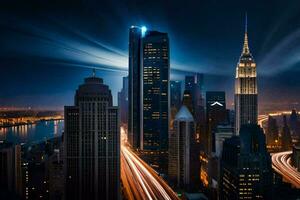 el ciudad horizonte a noche con luces y tráfico. generado por ai foto