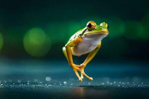 a frog jumping on the ground with a green background. AI-Generated photo