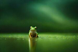 a frog sitting on the edge of a pond. AI-Generated photo