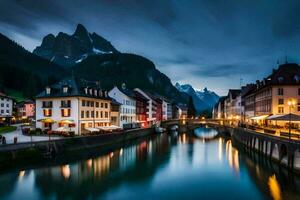 el pueblo de Altenburg en Suiza a noche. generado por ai foto