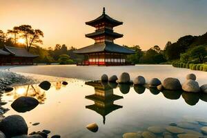 a japanese pagoda in the sun with rocks and water. AI-Generated photo