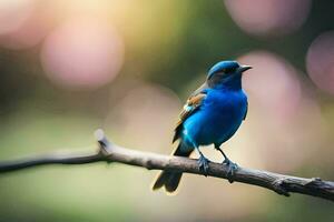 un azul pájaro sentado en un rama con un borroso antecedentes. generado por ai foto
