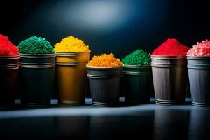 a row of colorful plastic cups with different colored food. AI-Generated photo