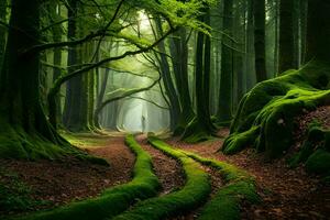 a path through a forest with mossy trees. AI-Generated photo