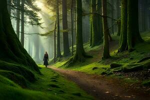 un persona caminando abajo un camino en el medio de un bosque. generado por ai foto