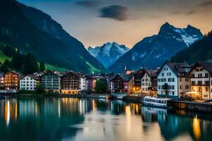 the beautiful town of switzerland at dusk. AI-Generated photo