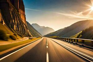 a highway with mountains in the background. AI-Generated photo