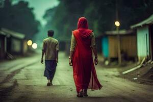 a man and woman walking down a road in a red dress. AI-Generated photo