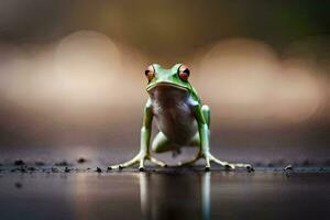 a frog sitting on the ground with a blurry background. AI-Generated photo