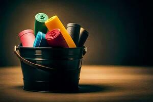 a bucket filled with colorful plastic tubes. AI-Generated photo