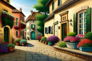 an illustration of a street with flowers and plants. AI-Generated photo