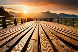 a wooden bridge over a mountain at sunset. AI-Generated photo