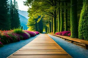 a walkway in a park with flowers and trees. AI-Generated photo