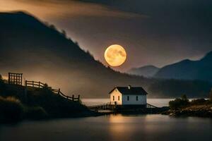 a small house sits on the shore of a lake with a full moon. AI-Generated photo