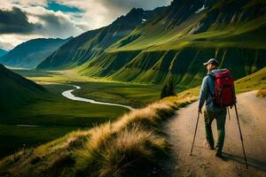 a man with backpacks and trek poles walking through a valley. AI-Generated photo