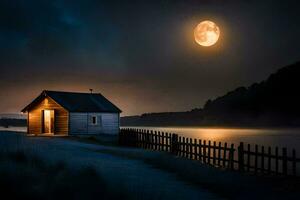 un pequeño cabina se sienta en el apuntalar de un lago a noche. generado por ai foto