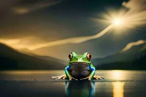 a frog sitting on the ground in front of a mountain. AI-Generated photo