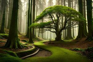 un camino mediante un bosque con arboles y musgo. generado por ai foto