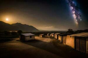 el lechoso camino terminado un pueblo a noche. generado por ai foto