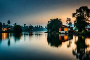 a house on the water at sunset with trees and a lake. AI-Generated photo