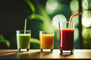 three glasses of juice with straws on a table. AI-Generated photo