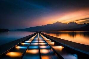 a long pier with lights on it at sunset. AI-Generated photo