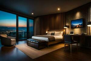 a modern hotel room with a view of the city. AI-Generated photo