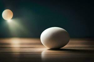 un blanco pelota se sienta en un de madera mesa en frente de un ligero. generado por ai foto