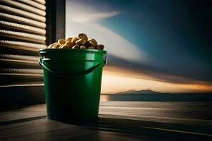 a bucket of peanuts sitting on a wooden table. AI-Generated photo