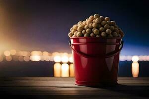 a bucket filled with peanuts on a wooden table. AI-Generated photo
