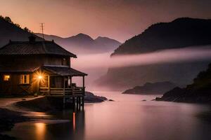 a house sits on the shore of a lake at sunset. AI-Generated photo