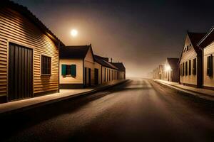 a street in the fog with houses and a full moon. AI-Generated photo