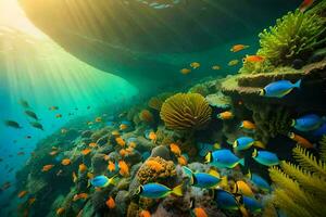 a coral reef with colorful fish and corals. AI-Generated photo