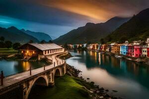 photo wallpaper the sky, mountains, river, bridge, houses, the sky, the mountains,. AI-Generated