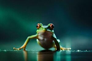 a frog with bright red eyes sitting on a dark surface. AI-Generated photo