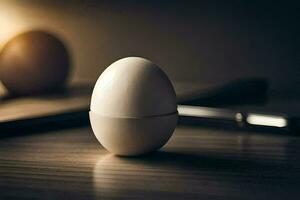 an egg sitting on a table with a knife. AI-Generated photo