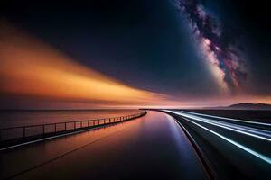 a long exposure photograph of a highway with the milky in the background. AI-Generated photo