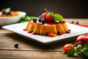 a dessert with berries and strawberries on a plate. AI-Generated photo