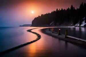 a long exposure photograph of the sun setting over a lake. AI-Generated photo