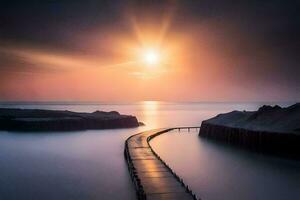 a long exposure photograph of a pier at sunset. AI-Generated photo